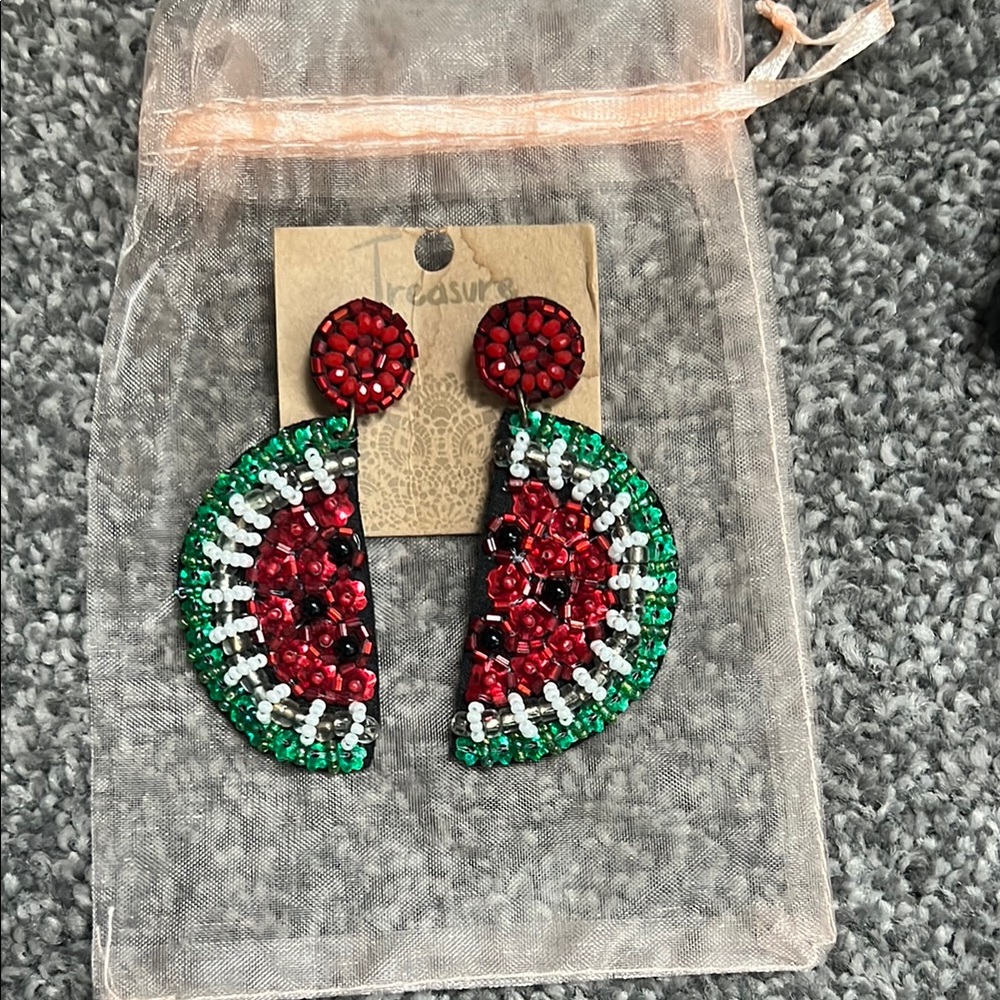 Beaded Watermelon Drop Earrings - Red & Green